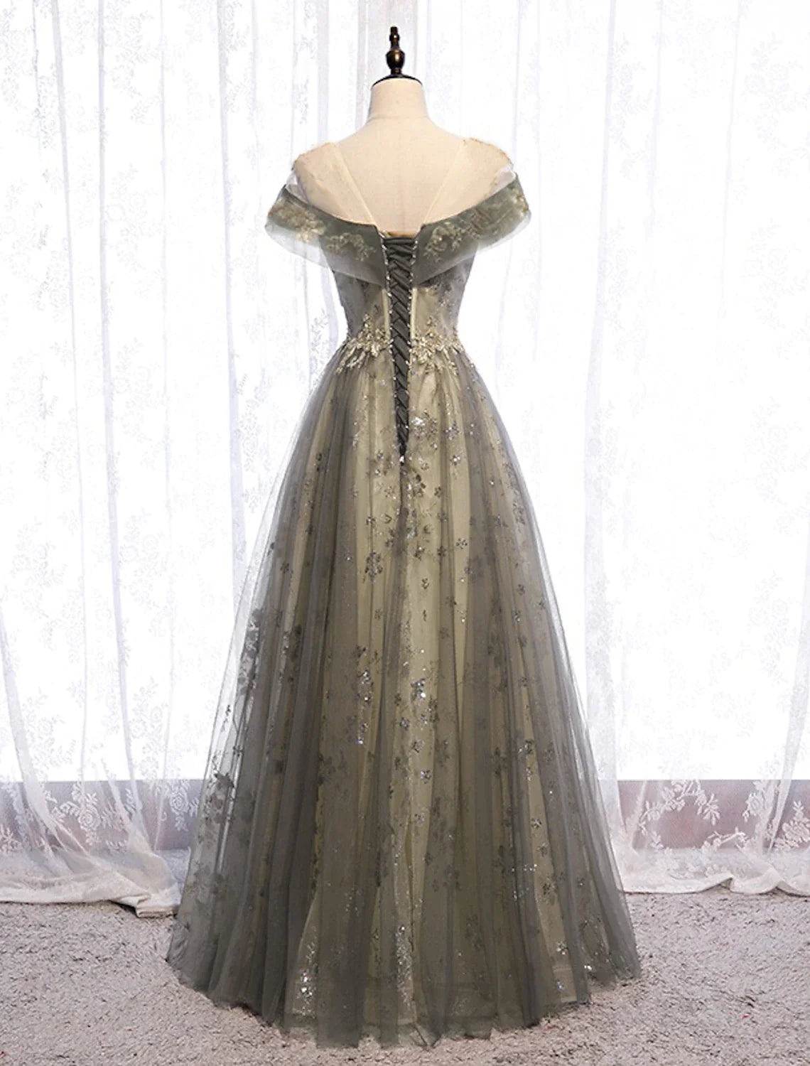 A-Linie Abendkleid Elegantes Kleid Hochzeitsgast Verlobung Bodenlang Kurzarm Illusionsausschnitt Tüll mit Falten